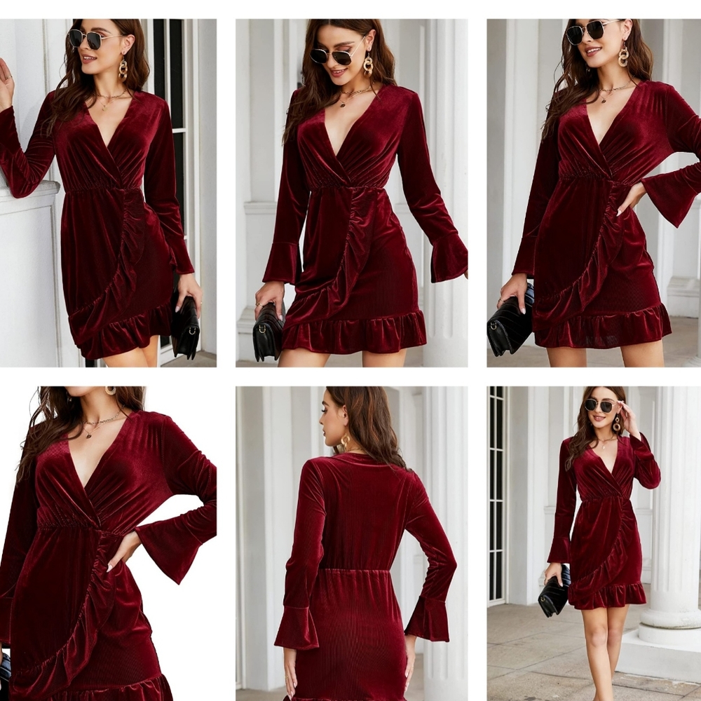 KOJOOIN Wrap V Neck Velvet Ruffle Hem High Waist Mini Dress, Small
